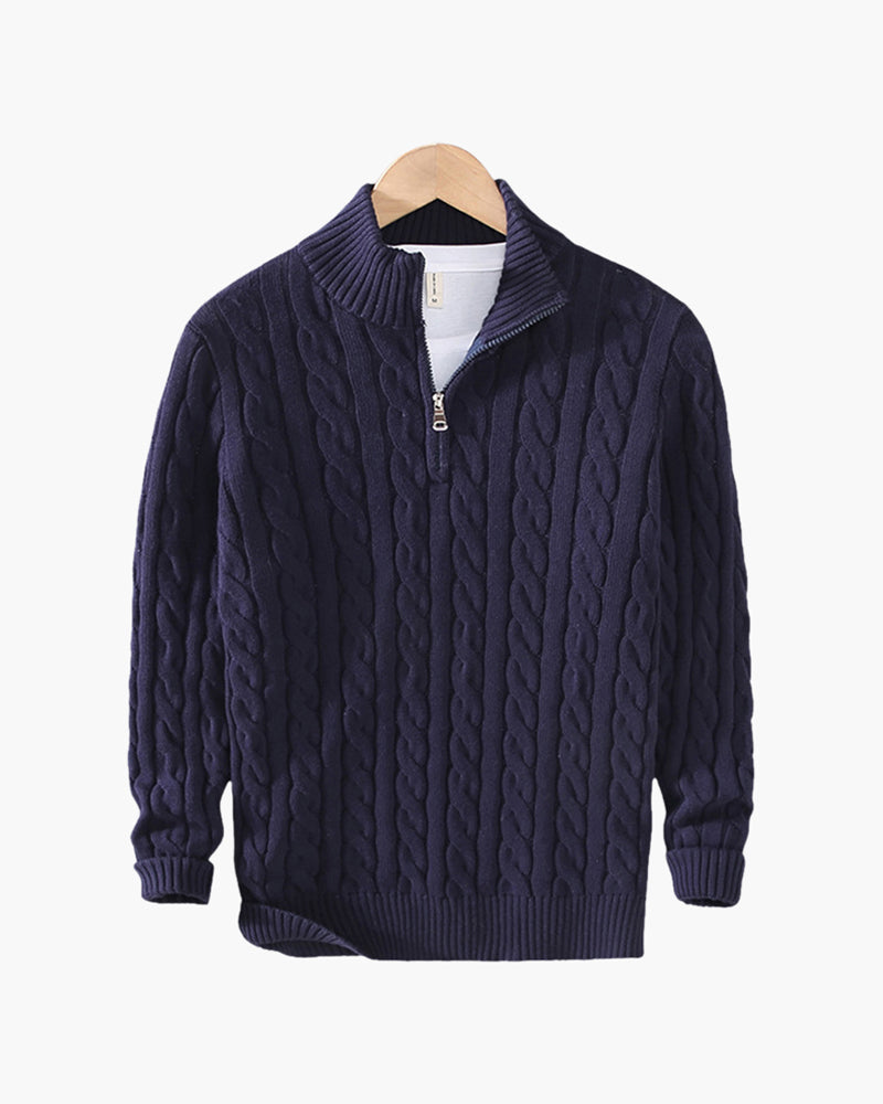 Heren Half Zip Katoenen Trui met Kabelpatroon Marineblauw