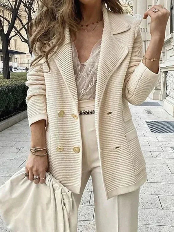 Dames Lange Blazer met Reverskraag en Dubbele Knoopsluiting
