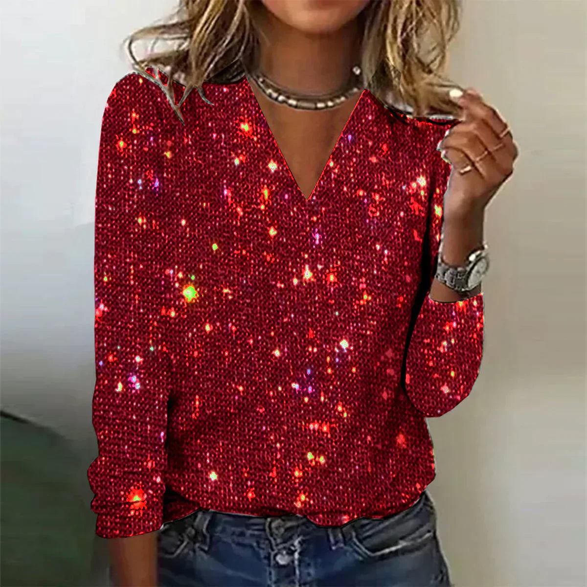Dames Glitterblouse met V-hals en Pailletten Rood