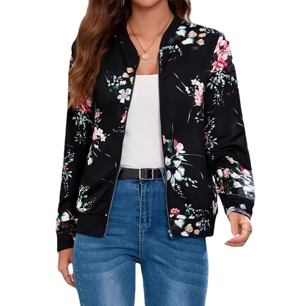 Dames Bomberjack met Bloemenprint Zwart