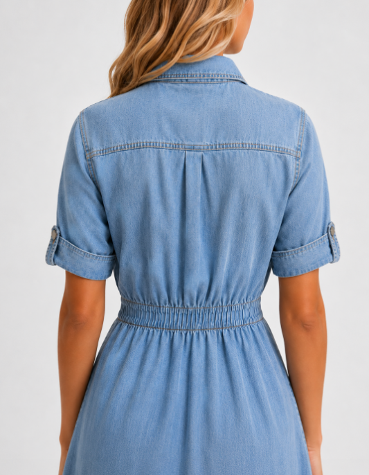 Dames Denim Midi Jurk Korte Mouw met Knoopsluiting en Elastische Taille