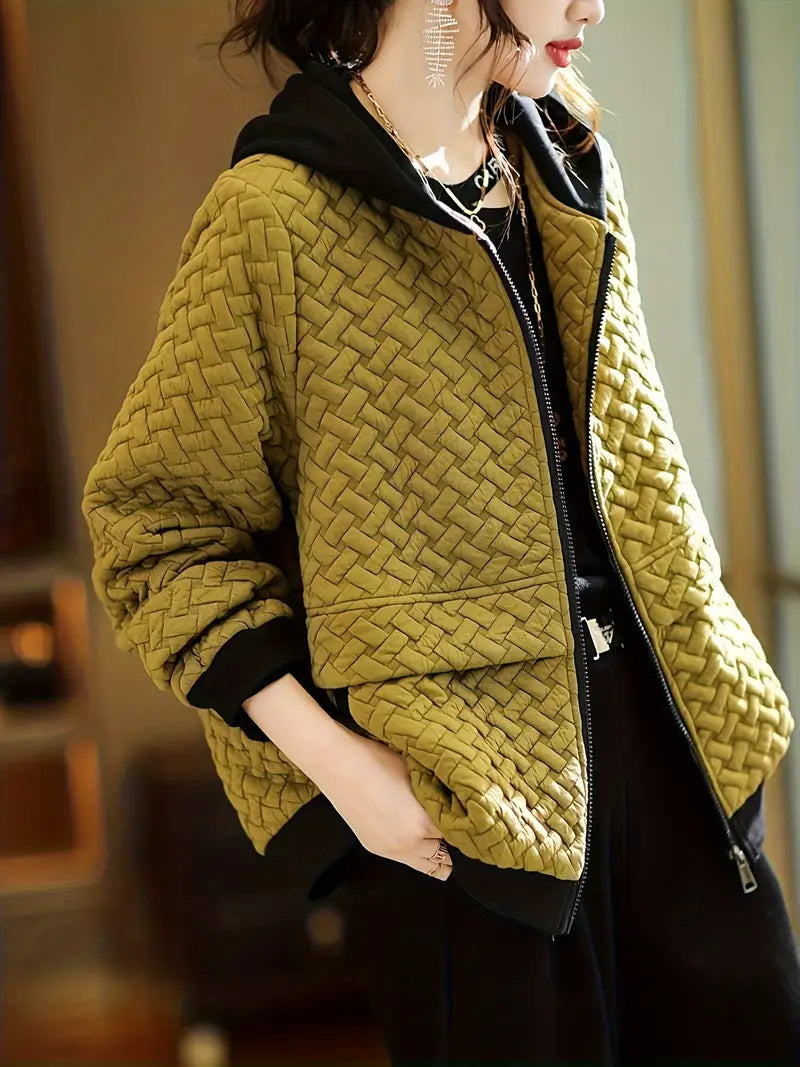 Dames Gewatteerde Hoodie met Rits en Basketweave Patroon