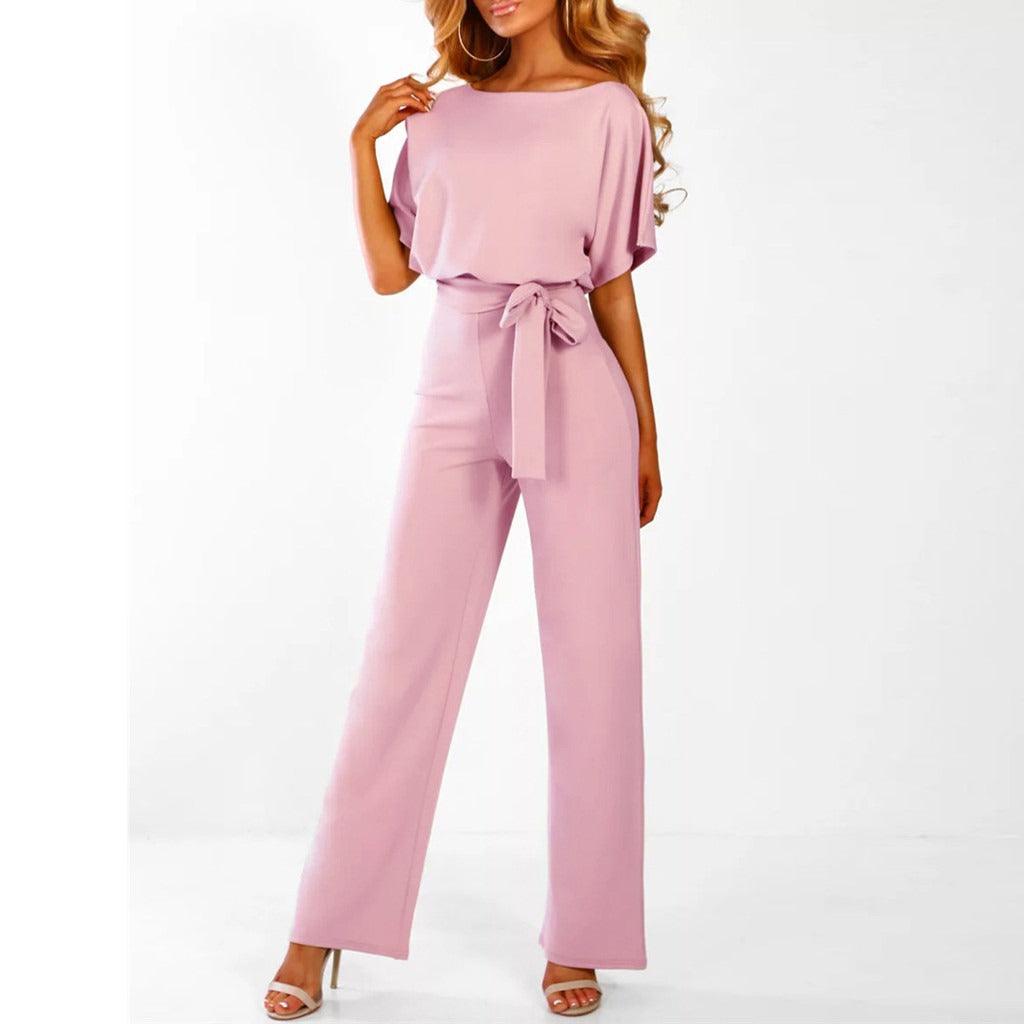 Dames Jumpsuit Korte Mouwen met Ceintuur Roze