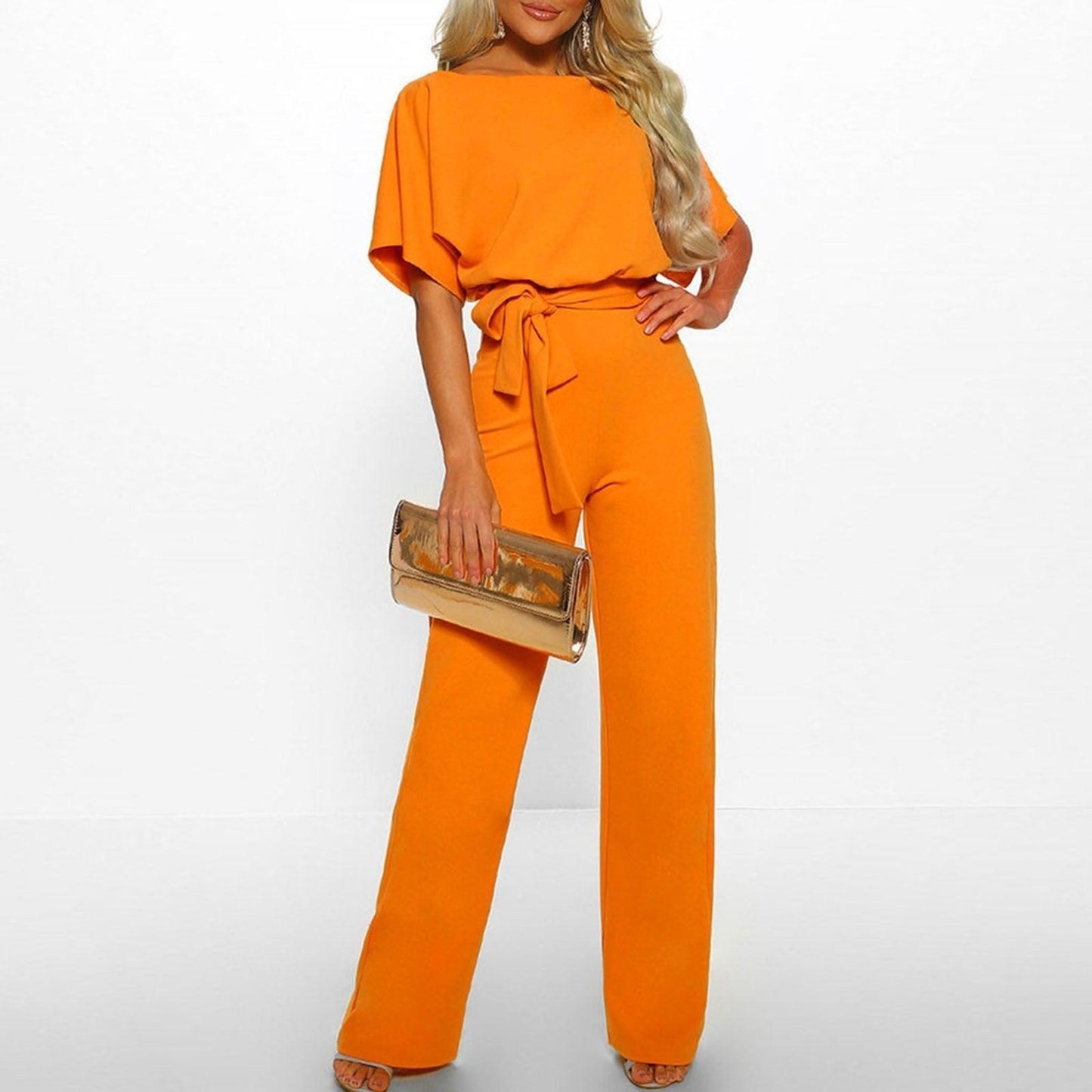 Dames Jumpsuit Korte Mouwen met Ceintuur Geel