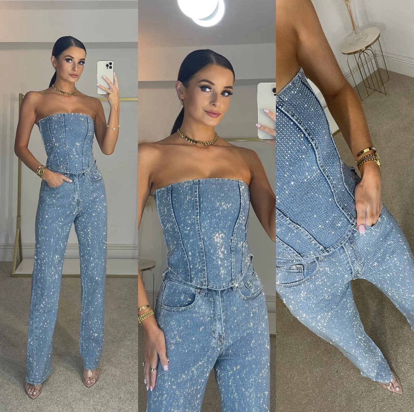 Dames Strapless Jumpsuit met Glitterdetails