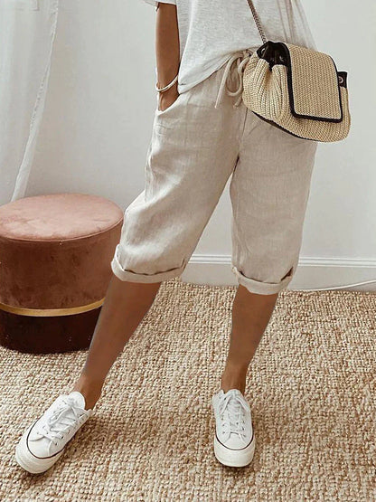 Dames Korte Broek met Elastische Tailleband Beige