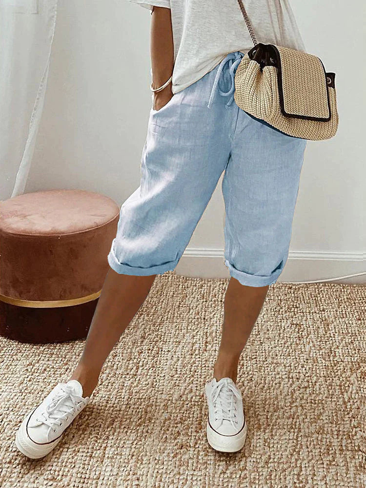 Dames Korte Broek met Elastische Tailleband Blauw