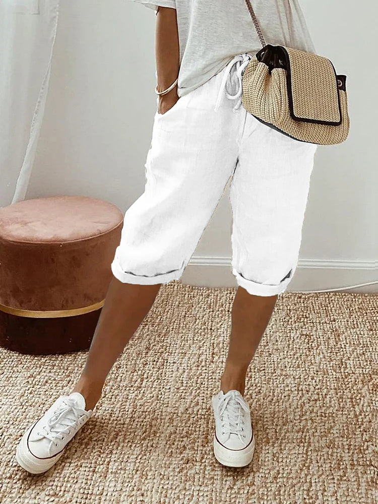 Dames Korte Broek met Elastische Tailleband Wit
