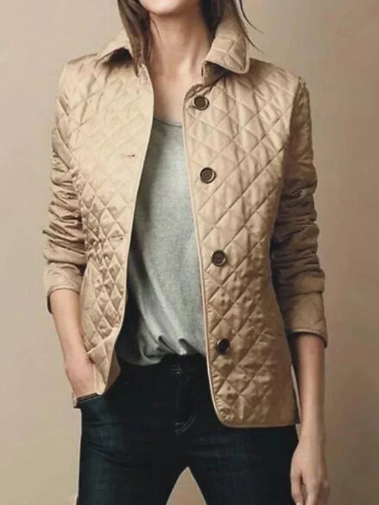Dames Elegante Tussenjas met Getailleerde Pasvorm en Diamantstiksel Khaki