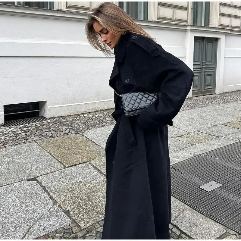 Dames Lange Trenchcoat Oversized met Dubbele Knopen en Reverskraag