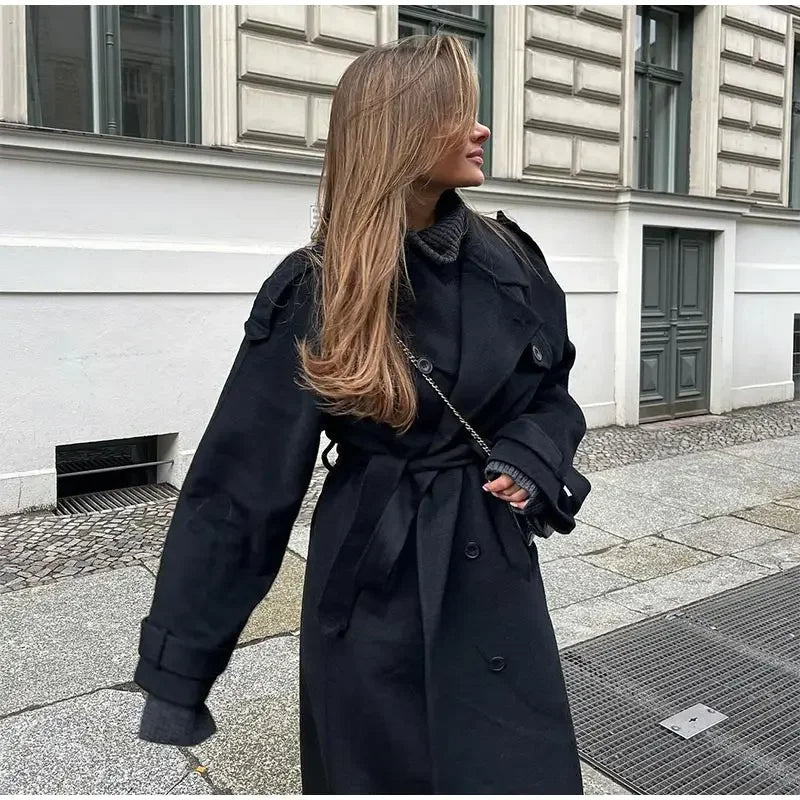 Dames Lange Trenchcoat Oversized met Dubbele Knopen en Reverskraag