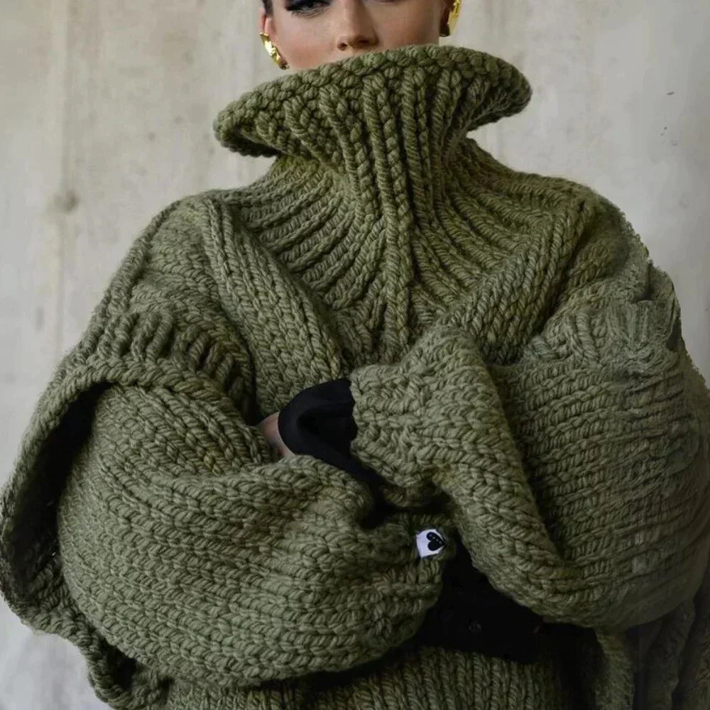 Dames Oversized Coltrui met Hoge Col, Verlaagde Schouders en Grofgebreide Look Groen