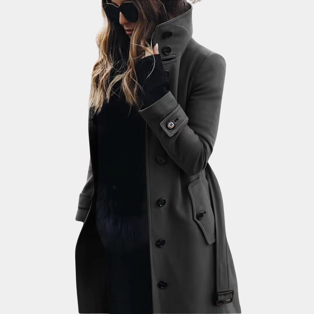 Dames Lange Trenchcoat Winterjas met Riem en Hoge Kraag Donkergrijs