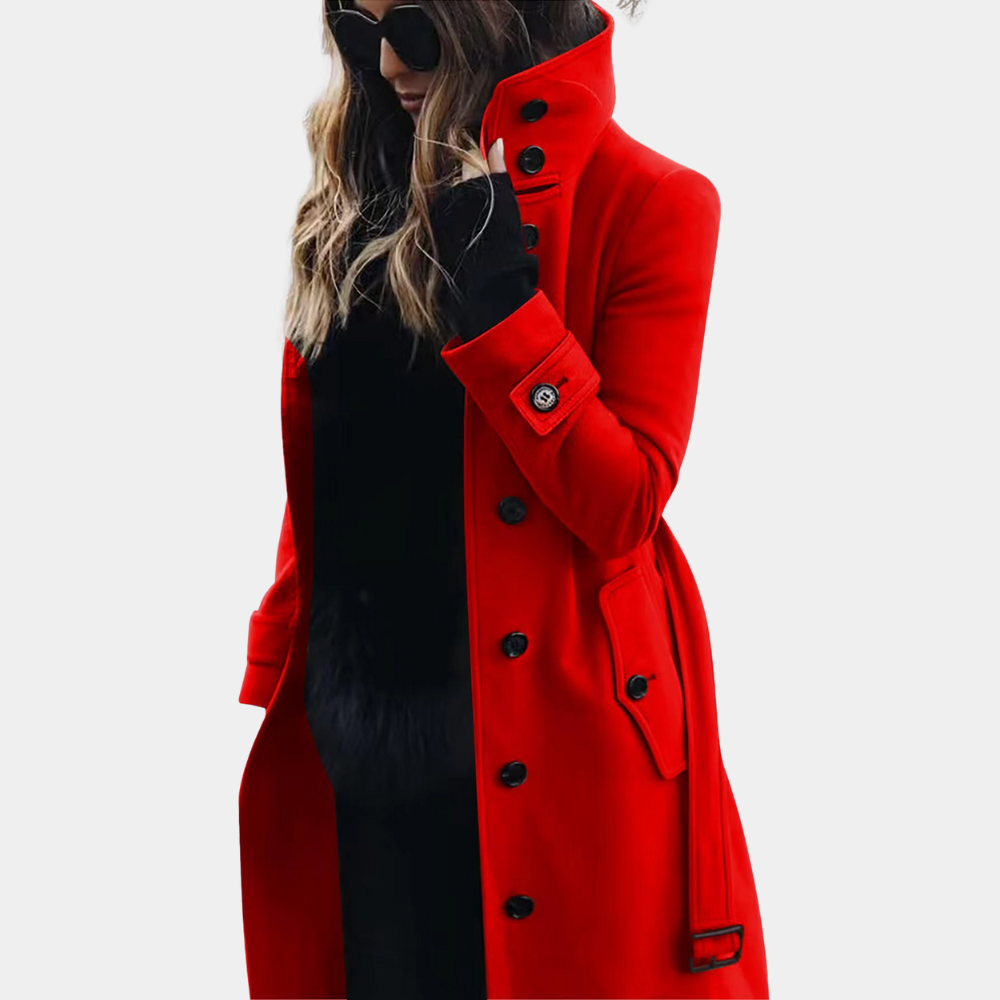 Dames Lange Trenchcoat Winterjas met Riem en Hoge Kraag Rood