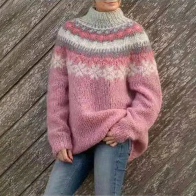 Dames Pullover met Noors Yoke Patroon en Ronde Hals Roze