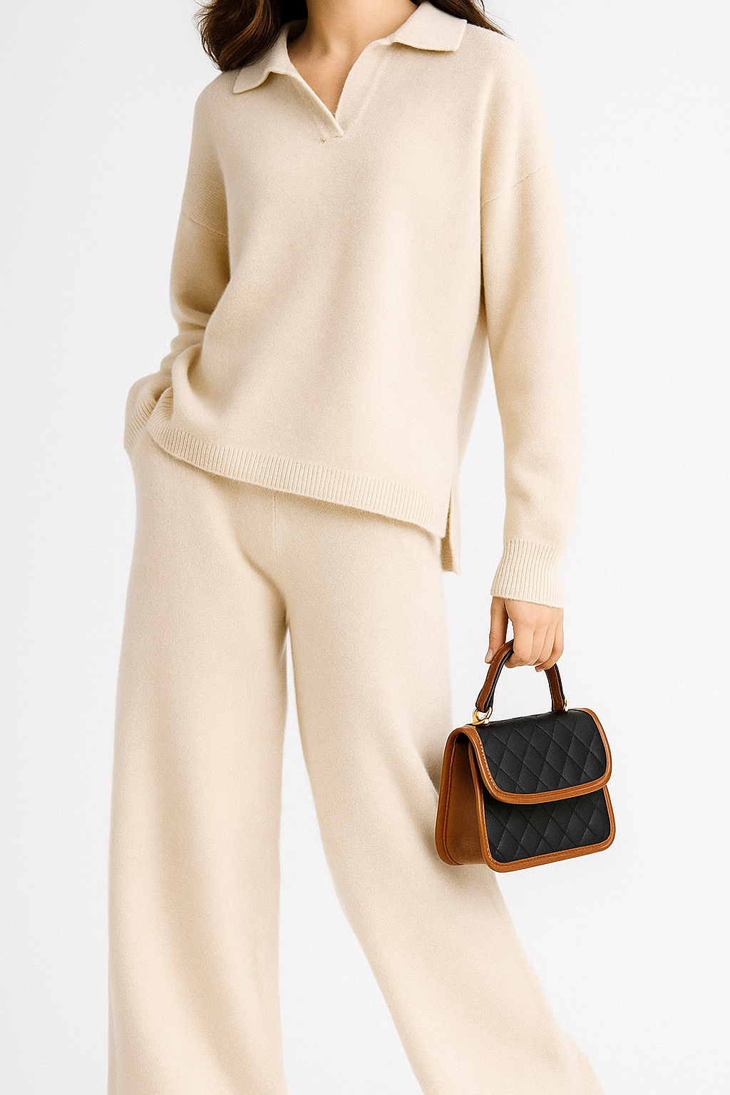 Dames Loungewear Set met Polo Trui en Hoge Taille Broek Crème
