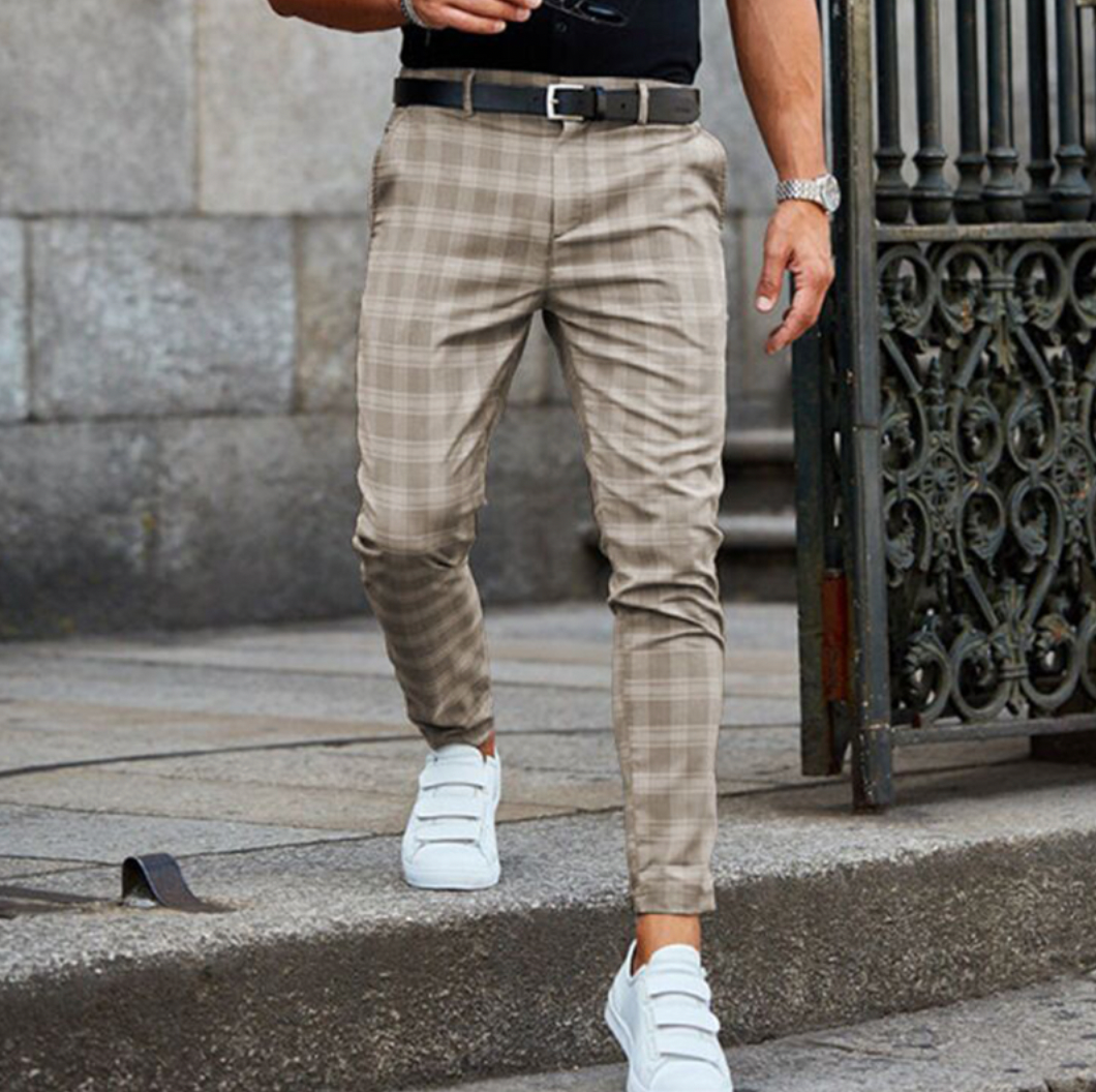 Heren Geruite Chino Broek Lang Slim Fit met Stretch Beige