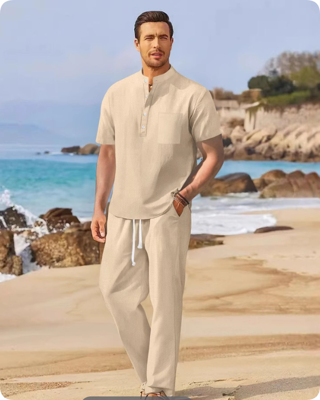 Heren Clothing Set Korte Mouw met Boordknoop en Wijde Broek