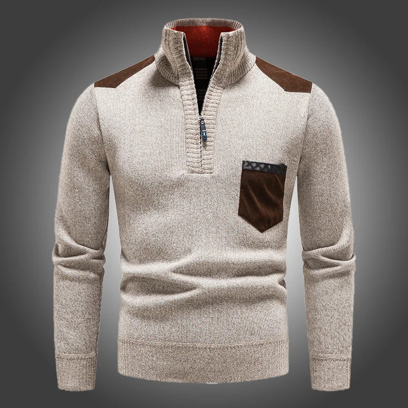Heren Pullover met Hoge Kraag, Halve Rits en Borstzak