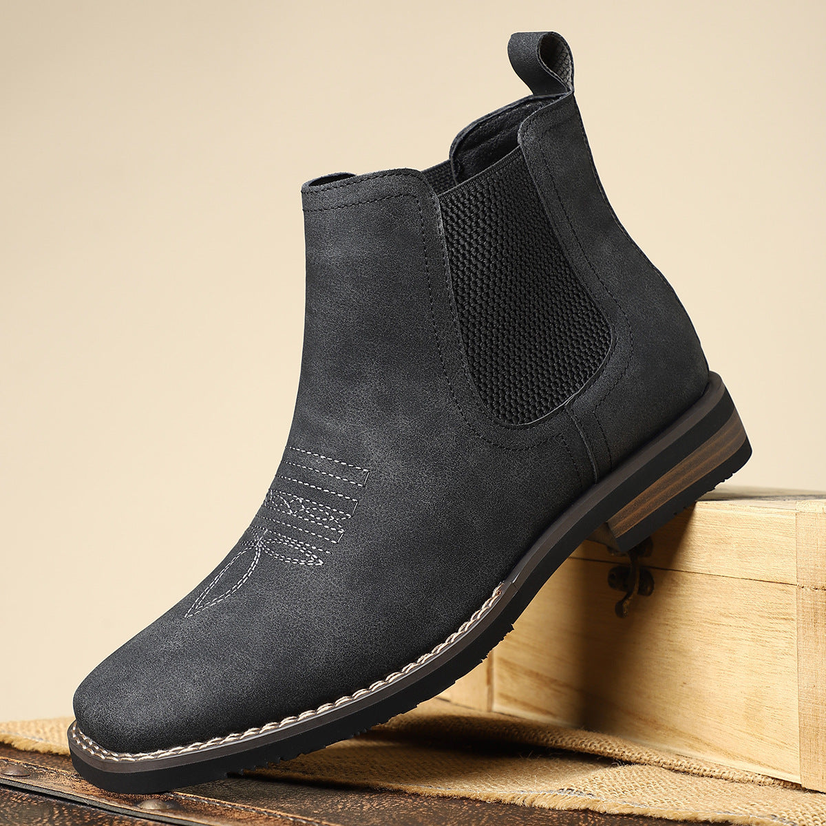 Heren Chelsea Boots met Instapdesign, Elastische Zijpanelen en Western Stiksels Zwart