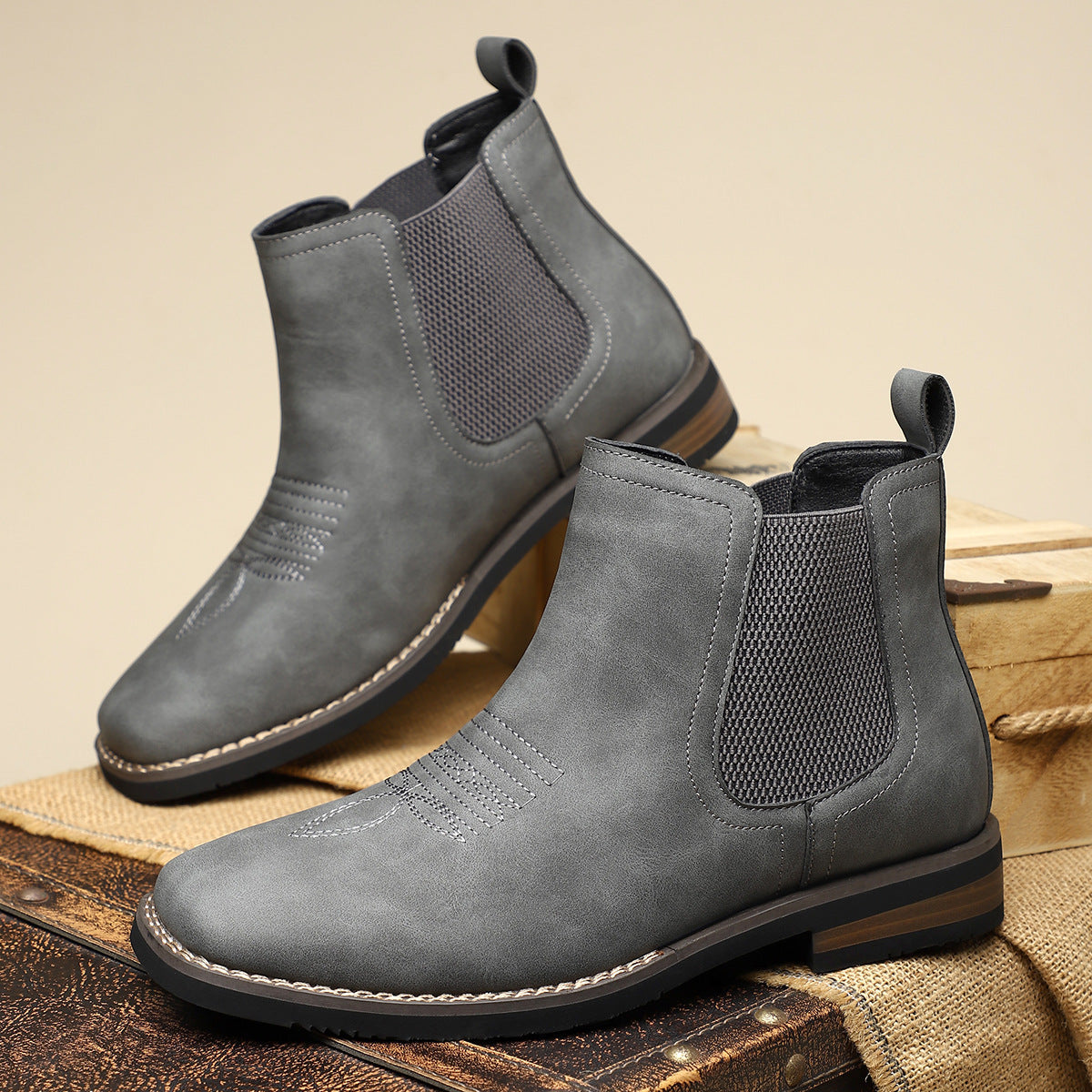 Heren Chelsea Boots met Instapdesign, Elastische Zijpanelen en Western Stiksels Grijs