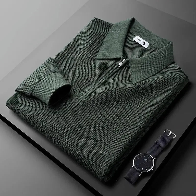 Heren Polo Shirt Wafelstructuur met Lange Mouwen en Kwart-Zip Groen