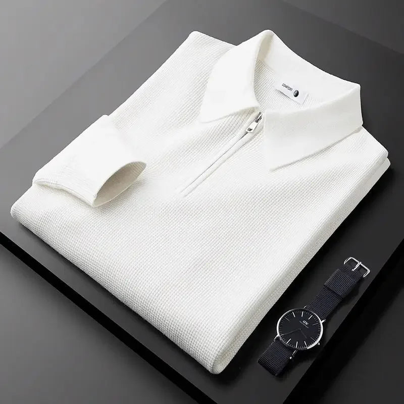 Heren Polo Shirt Wafelstructuur met Lange Mouwen en Kwart-Zip Wit