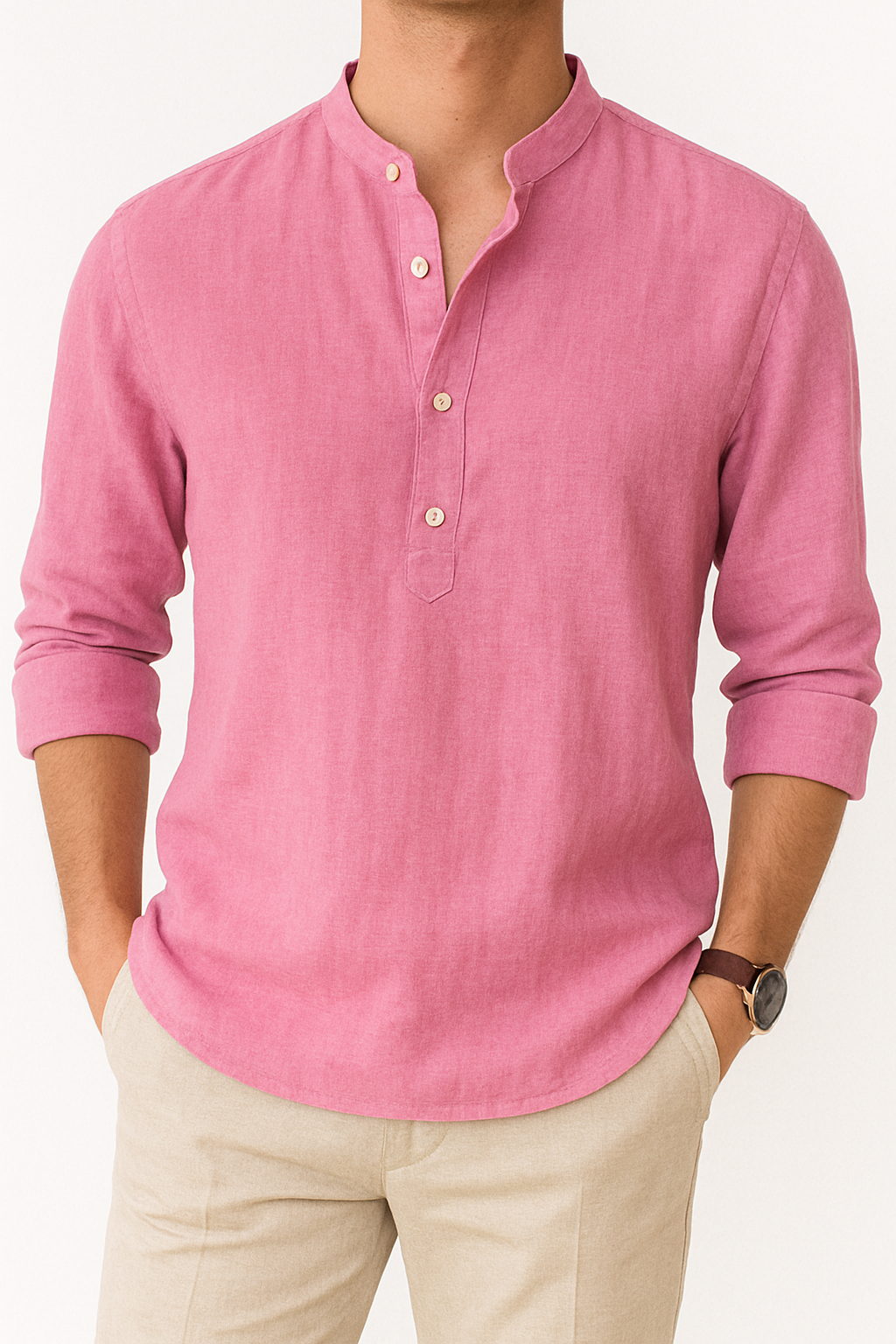 Heren Overhemd met Henley Kraag en Losse Pasvorm Roze