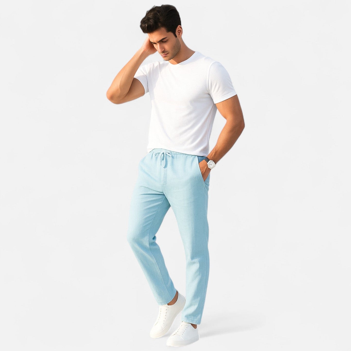 Heren Pantalon van Katoen-Linnen met Casual Fit en Elastische Tailleband 3