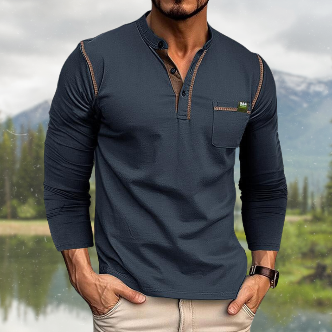 Heren Poloshirt Lange Mouw met Henley-Kraag en Knoopsluiting 1