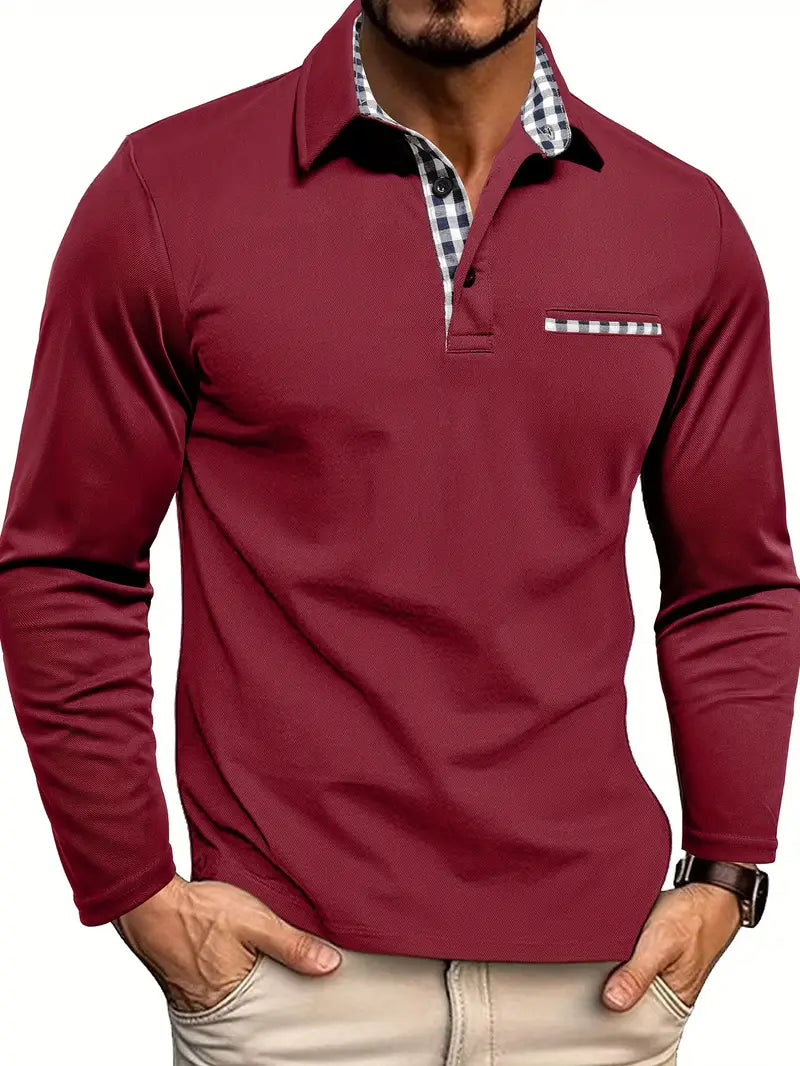 Heren Poloshirt met Lange Mouwen en Borstzak Rood