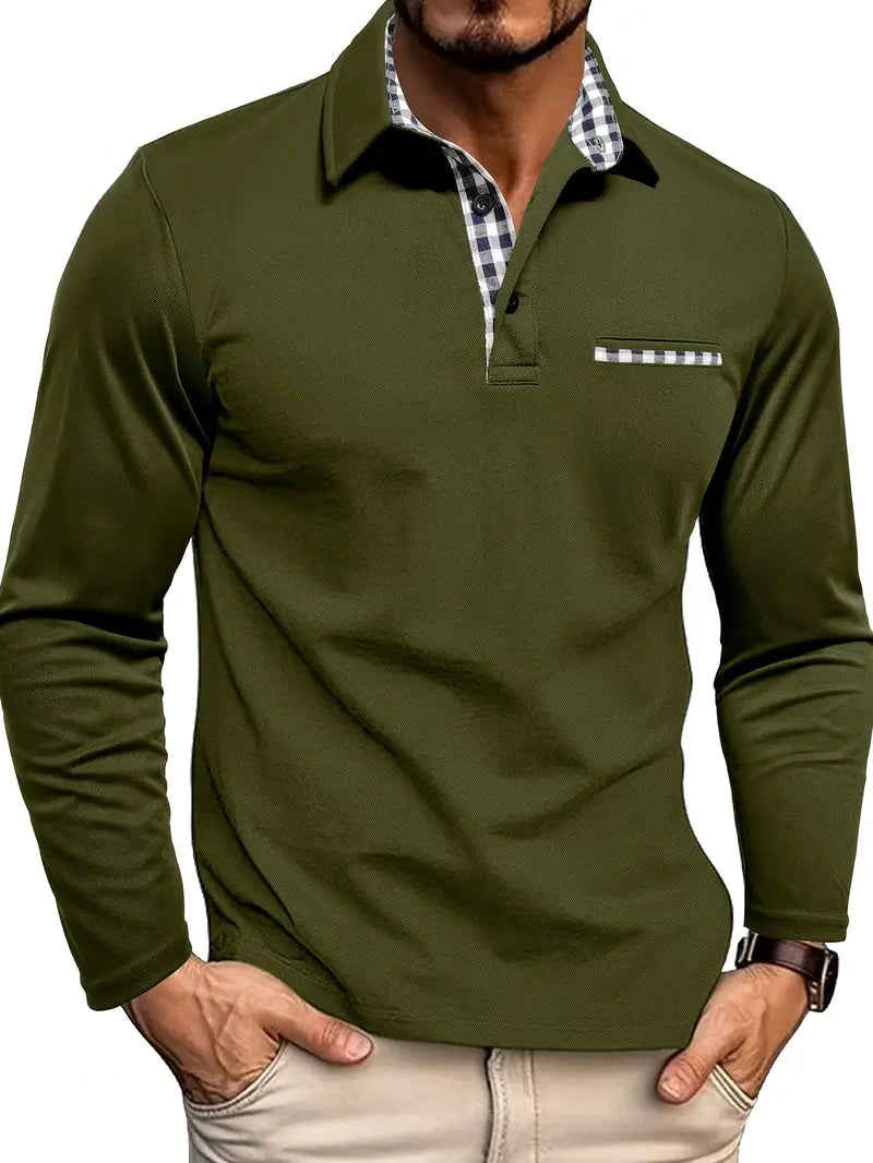 Heren Poloshirt met Lange Mouwen en Borstzak Legergroen