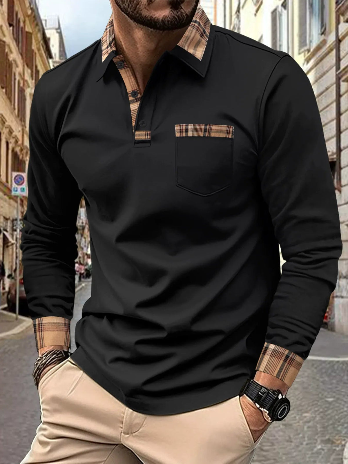 Heren Poloshirt met Lange Mouwen en Ruitaccenten Zwart