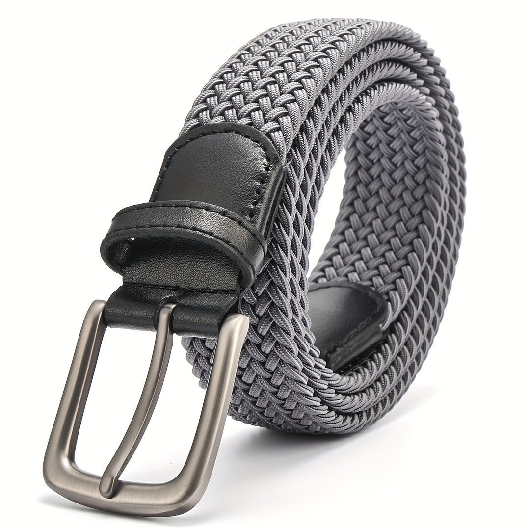 Heren Gevlochten Riem Elastische en Vierkante Gesp Grijs