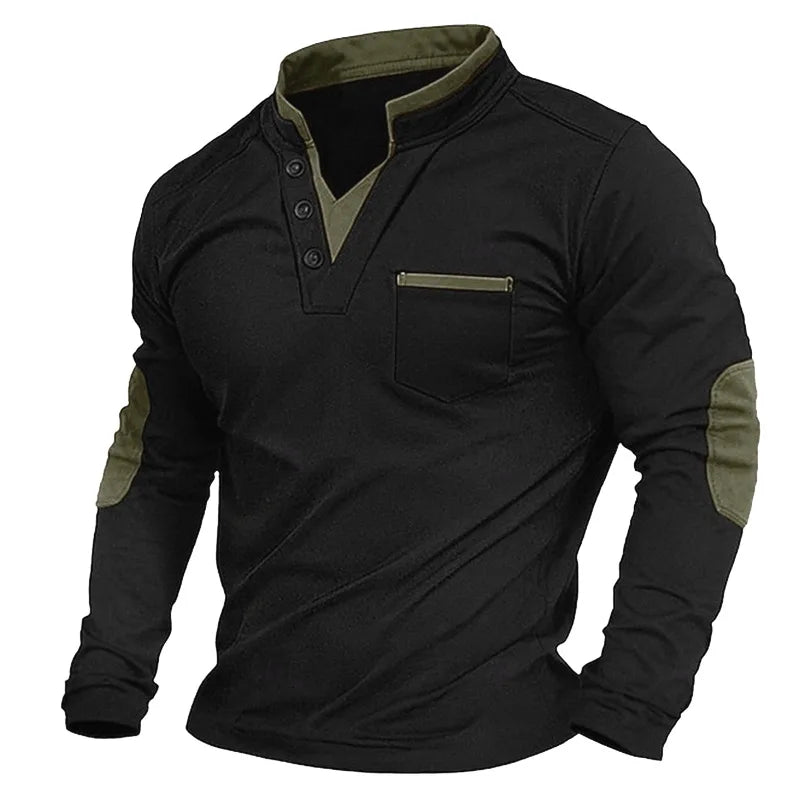 Heren Sweatshirt Longsleeve met V-hals en Elleboogpatches Zwart Legergroen