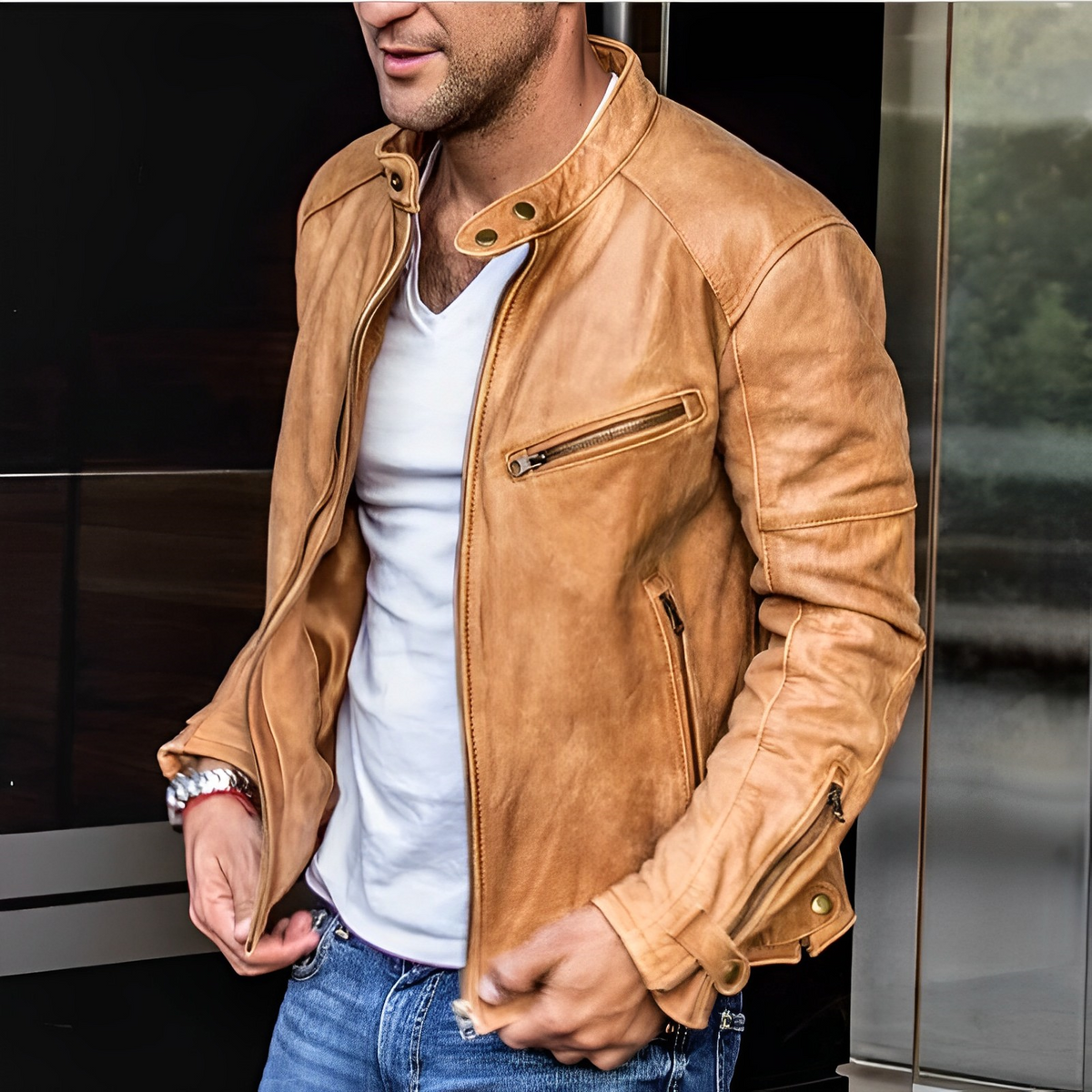 Heren Kunstleren Motorjack Tussenjas Beige