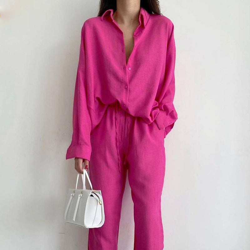 Dames Tweedelige Set met Oversized Blouse en Wijde Broek Roze