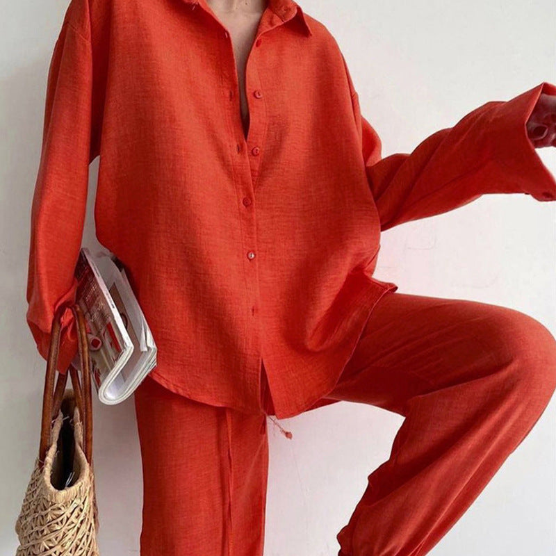 Dames Tweedelige Set met Oversized Blouse en Wijde Broek Oranje