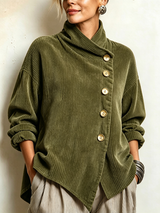 Dames Asymmetrische Sweater met Opstaande Kraag en Schuine Knoopsluiting