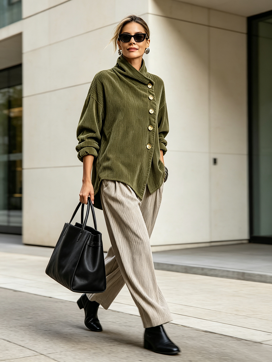 Dames Asymmetrische Sweater met Opstaande Kraag en Schuine Knoopsluiting