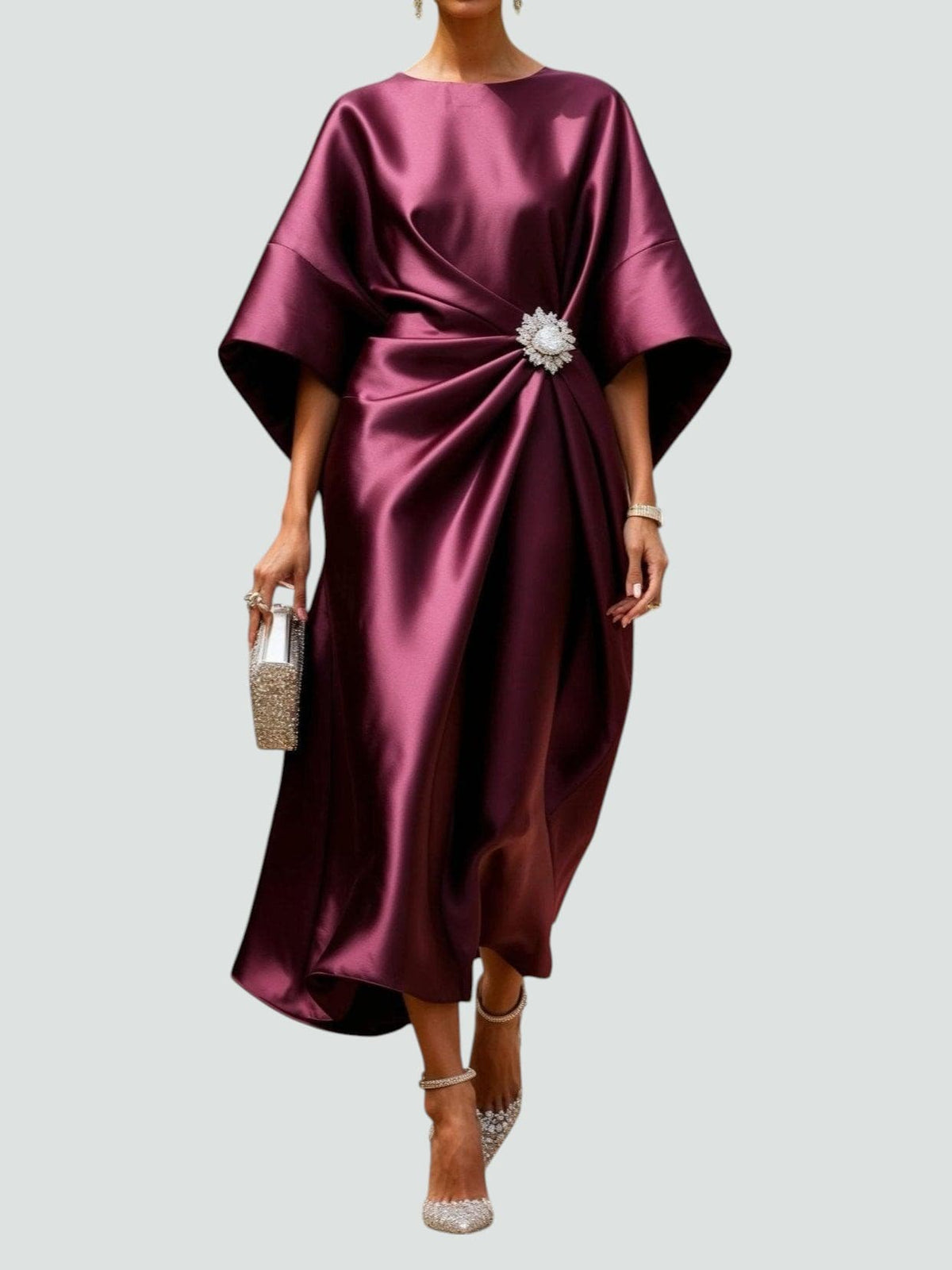 Dames Avondjurk met Vleermuismouwen en Broches Drapering Midi Rood