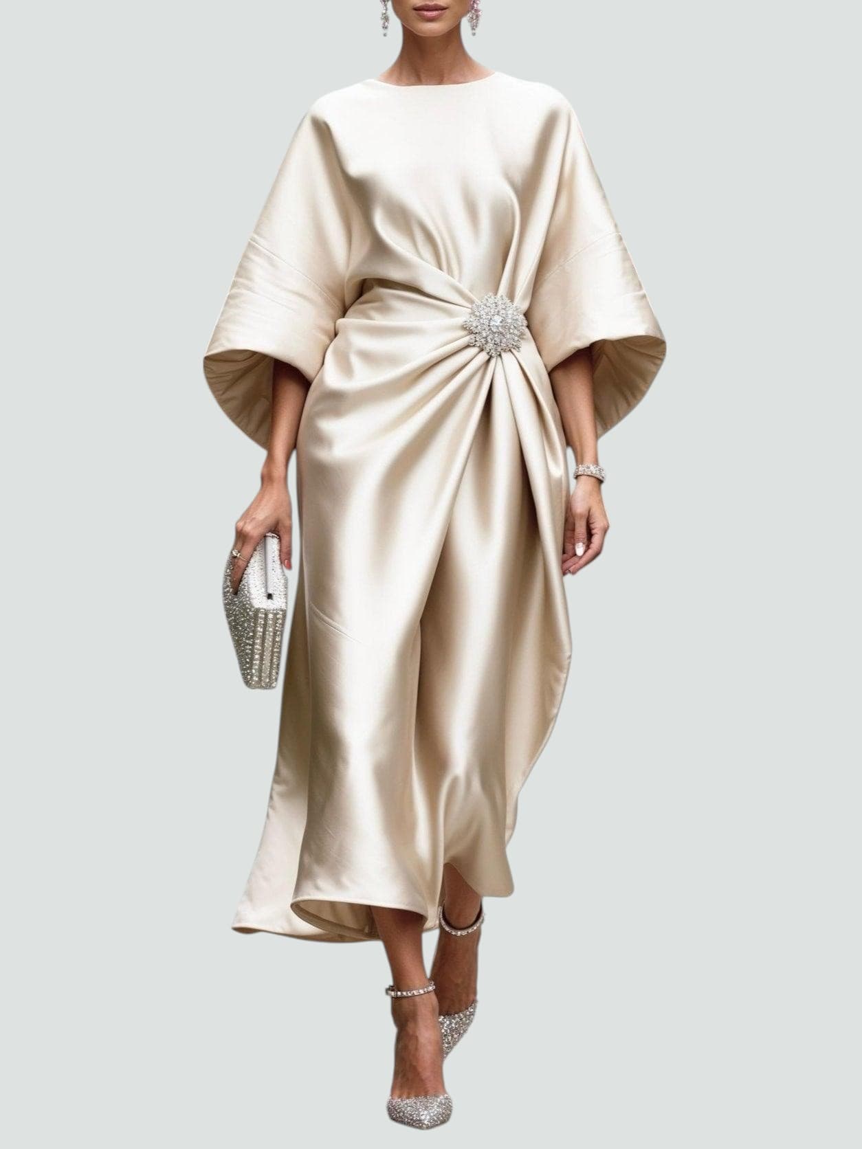 Dames Avondjurk met Vleermuismouwen en Broches Drapering Midi Khaki