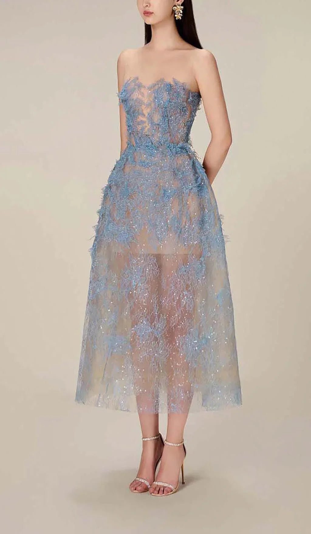 Dames Avondjurk Mouwloos met Bloemborduursel en Glitter Midi