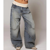 Dames Baggy Wide Leg Jeans met Geribbelde Tailleband en Curved Stiksels