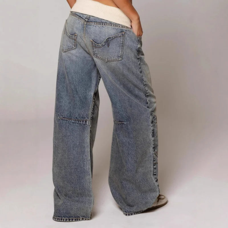 Dames Baggy Wide Leg Jeans met Geribbelde Tailleband en Curved Stiksels