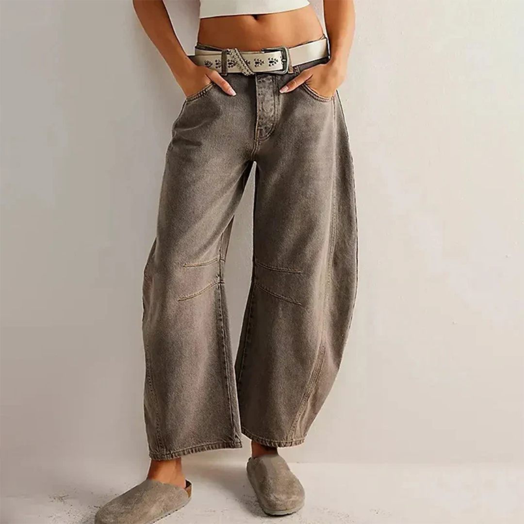 Dames Barrel Jeans met Wijde Pijpen en Lage Taille Bruin