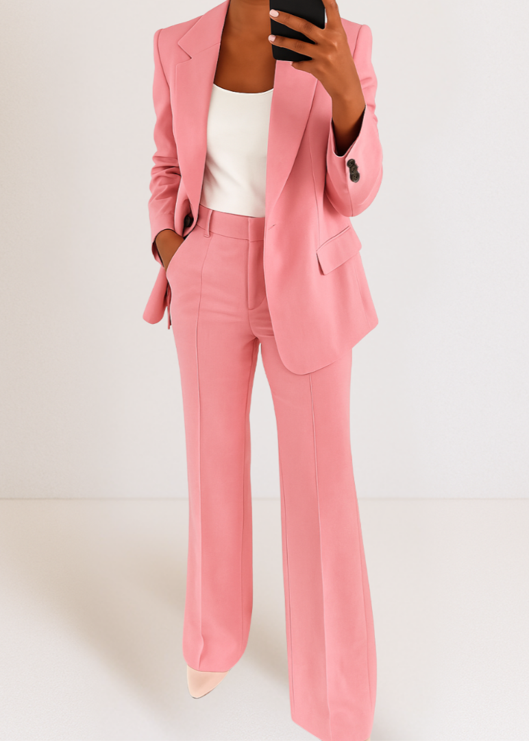 Dames Blazer Broek Set met Wijde Pijp en Getailleerde Blazer Roze