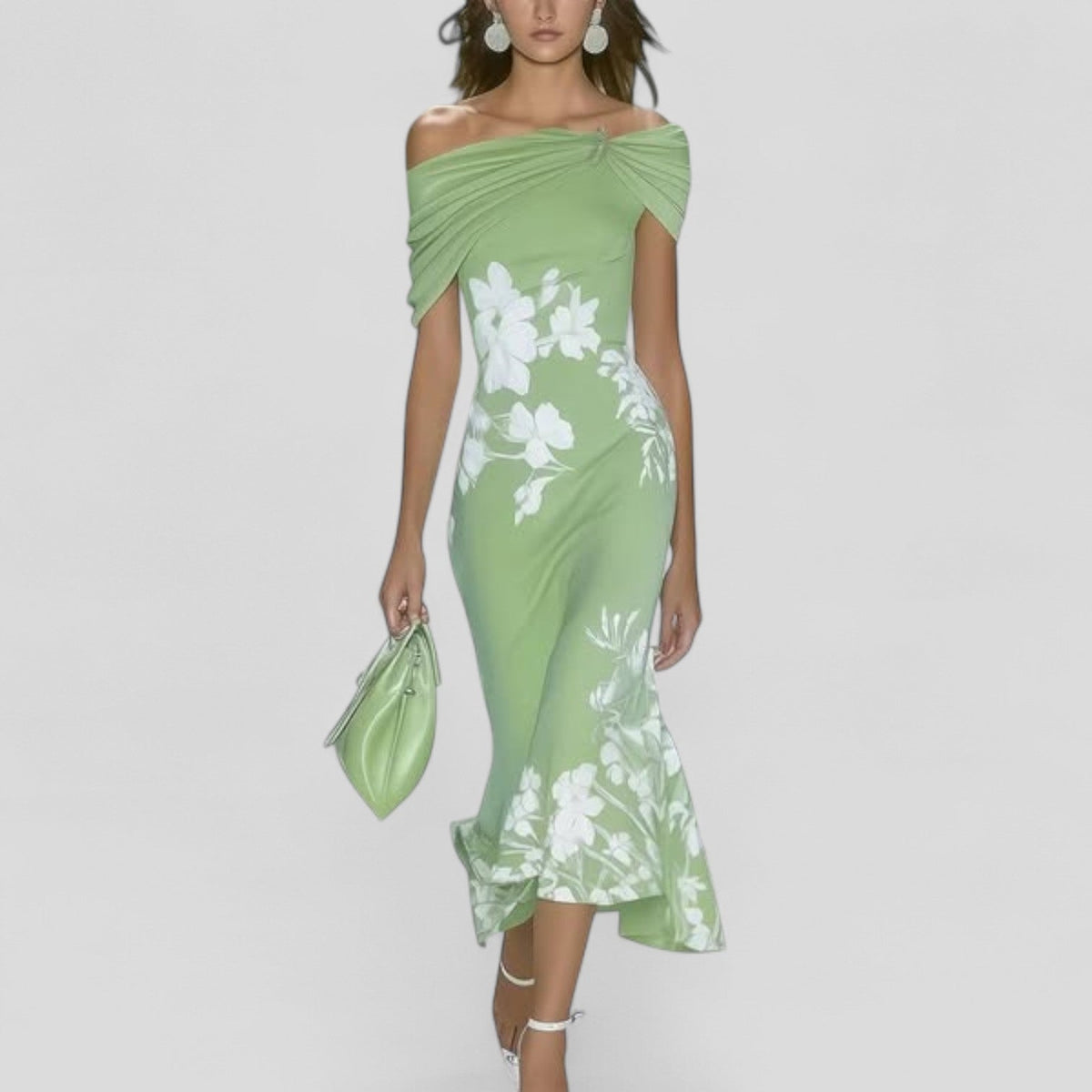 Dames Bloemen Off-Shoulder Midi Jurk met Ruches Zoom Groen