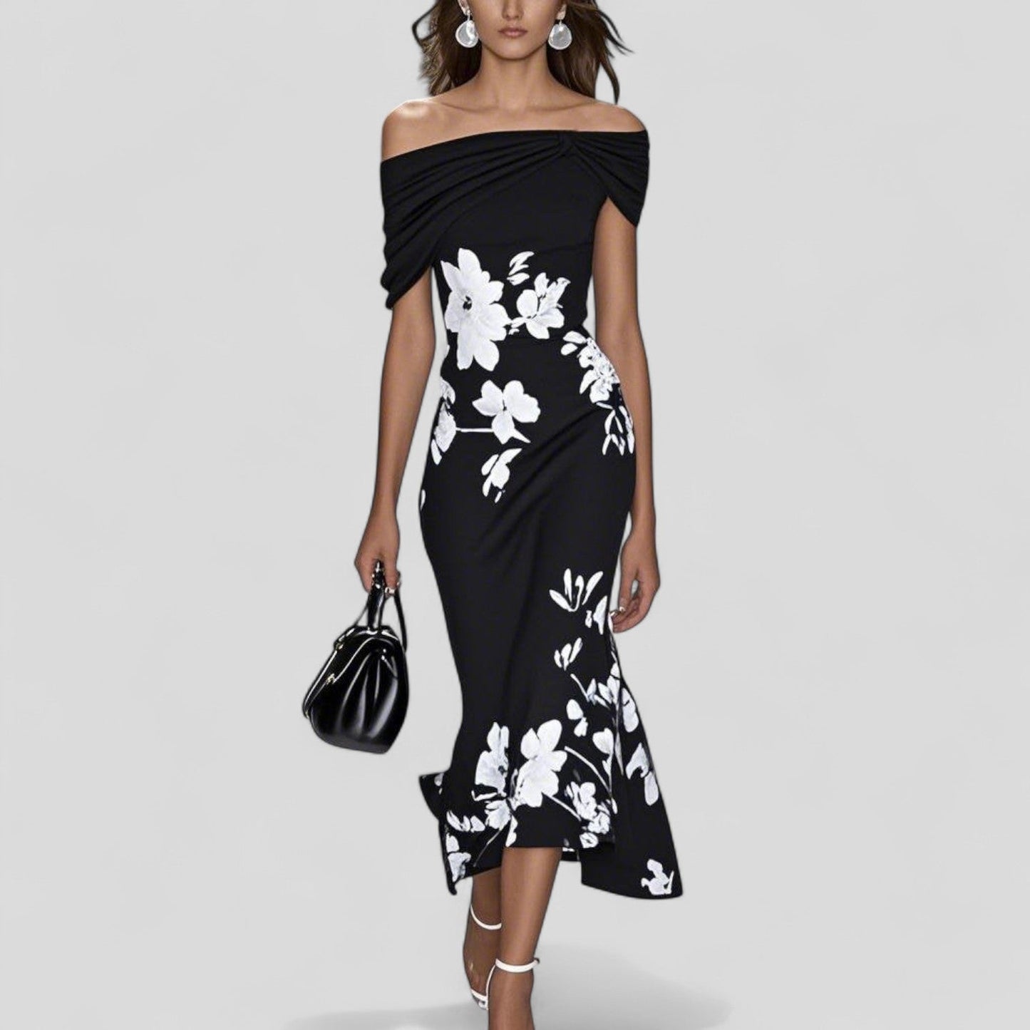 Dames Bloemen Off-Shoulder Midi Jurk met Ruches Zoom Zwart