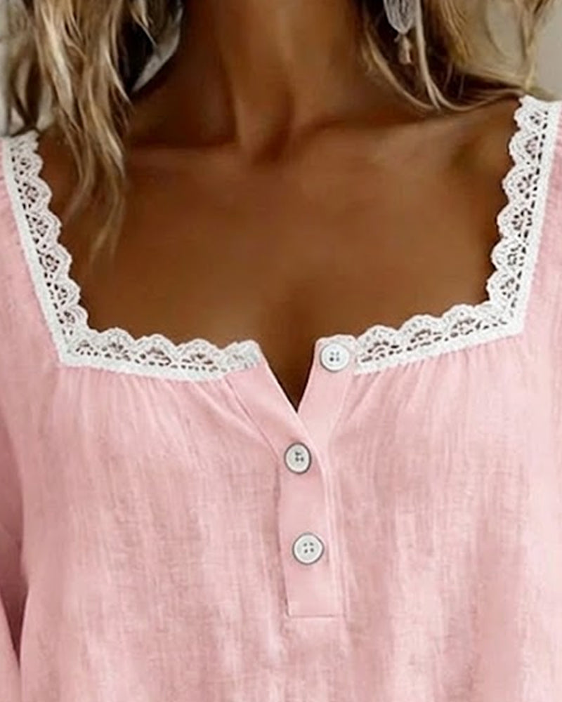 Dames Blouse 3/4 Pofmouw met Vierkante Hals en Kanten Rand